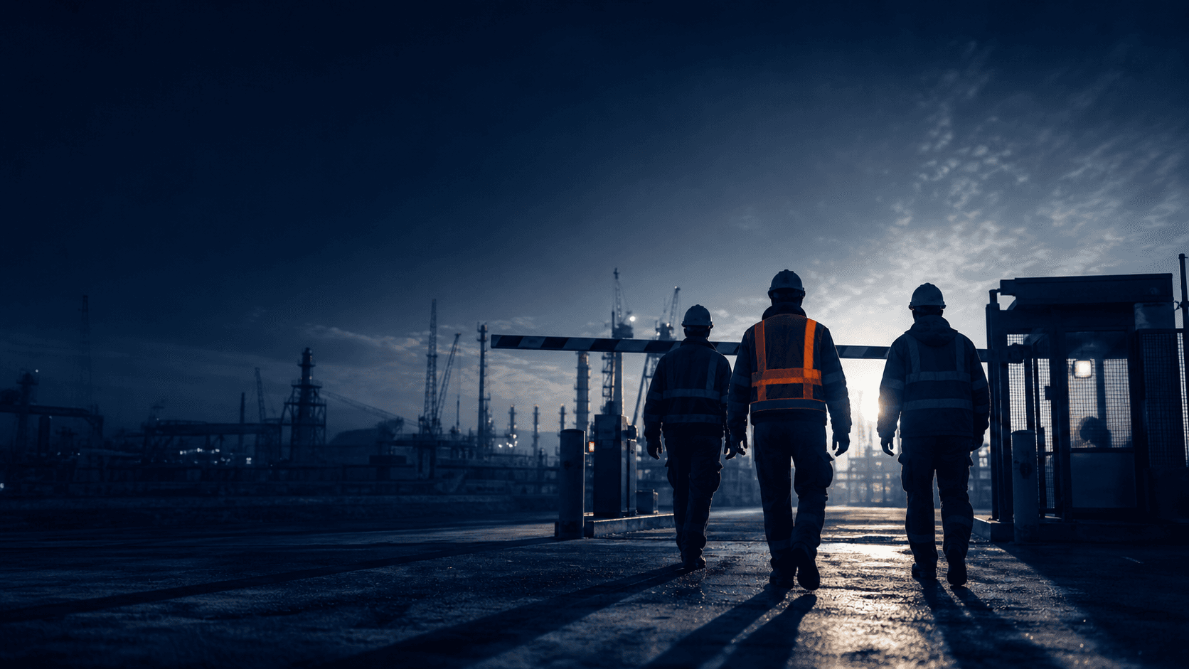 A crew in high-visibility gear approaching a job site gate at dawn
